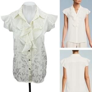 NWT CALVIN KLEIN Floral Ruffle Flutter Sleeves Button Up Top Sz XS Ivory White